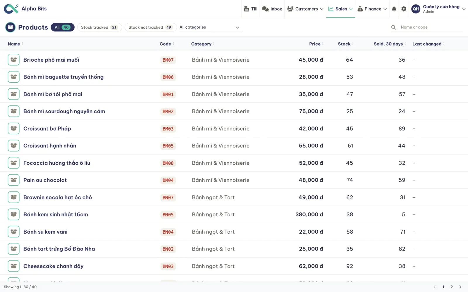 The products list with category, price, stock and units sold in the last 30 days